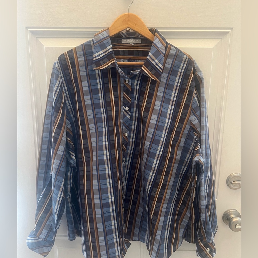 Foxcroft Plaid Blouse Blue and Tan Size Womens 24W